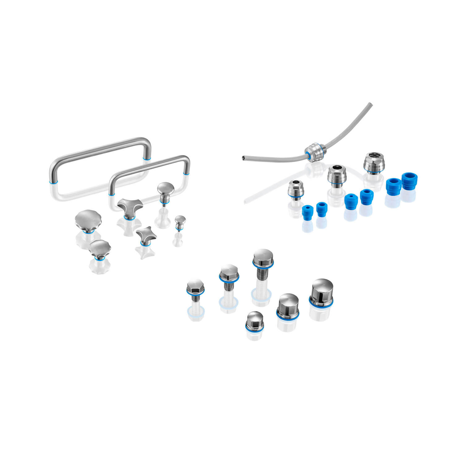 Bulloni, dadi, maniglie, pomelli e pressacavi igienici in acciaio inox AISI 316 L